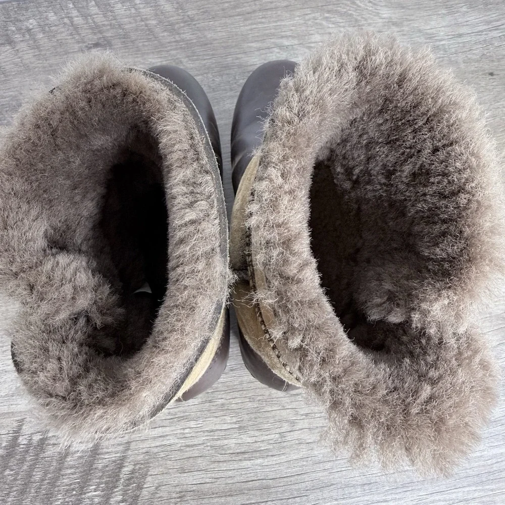 Dansko Stormy Shearling Boots Womens Sz 7 Brown Leather Real Fur Lined Fold Over